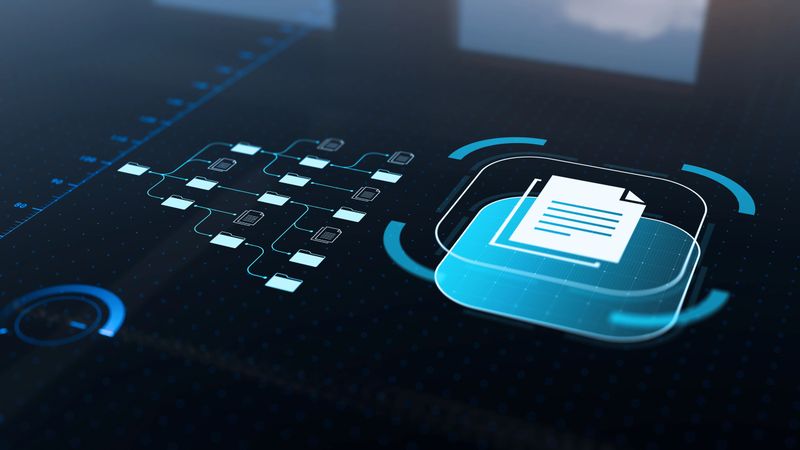Document management system utilizing AI for automated processes, enhancing workflow productivity and organization. Futuristic holographic UI. Digital transformation.