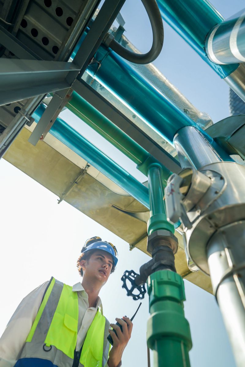 Industrial engineer adjusting pipeline valve with radio communication on construction site. Construction worker using walkie-talkie to coordinate machinery adjustments on a sunny day.