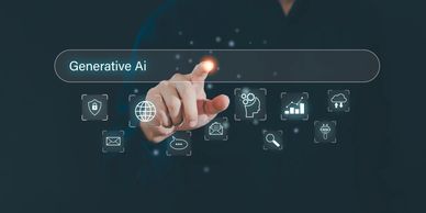 Hand pointing to 'Generative AI' with digital icons around.