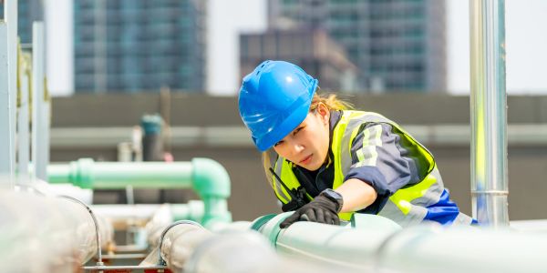 Woman engineer inspecting pipes on construction site.