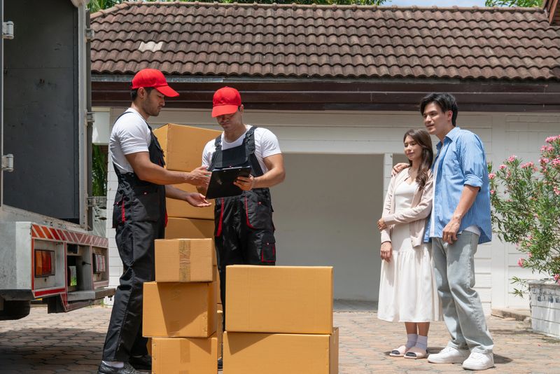 Man movers worker in black uniform unloading cardboard boxes from truck. Professional delivery and moving service. Couple move to new house.