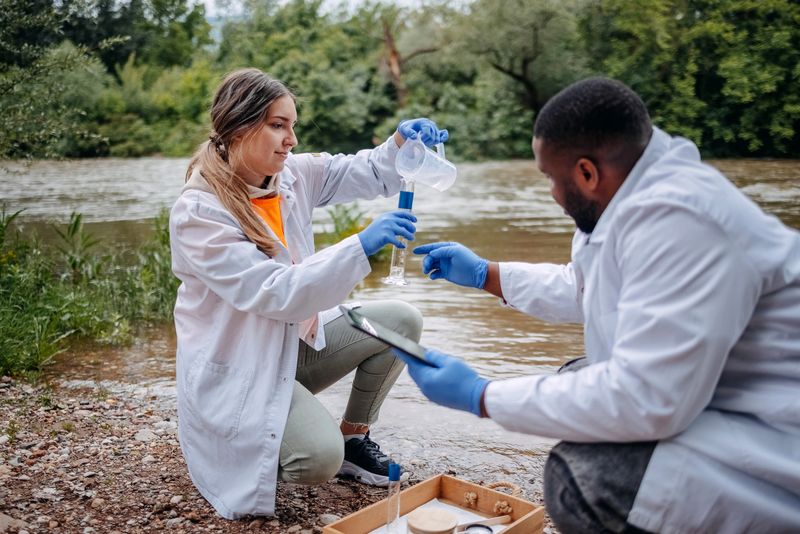 Two colleagues working together outdoor in nature analysing water quality in river
