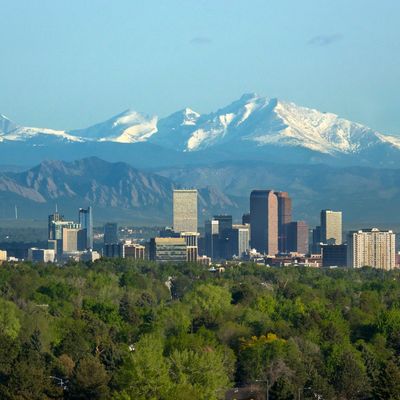 Denver skyline with lush green trees and snowy mountains in the background.