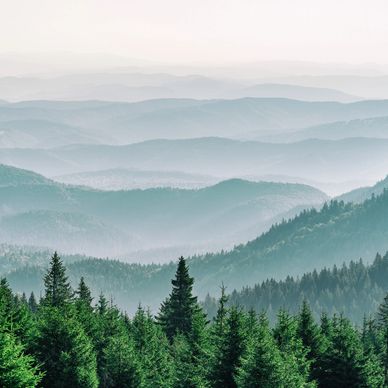 A scenic view of mountains under a clear blue sky with greenery in the foreground.