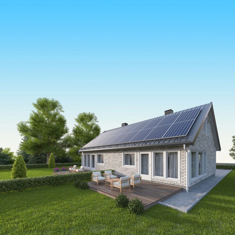 Modern white brick house with solar panels on a metal roof. Energy eco concept. Summer scene. Backyard with green grass and modern outdoor furniture. 3d rendering