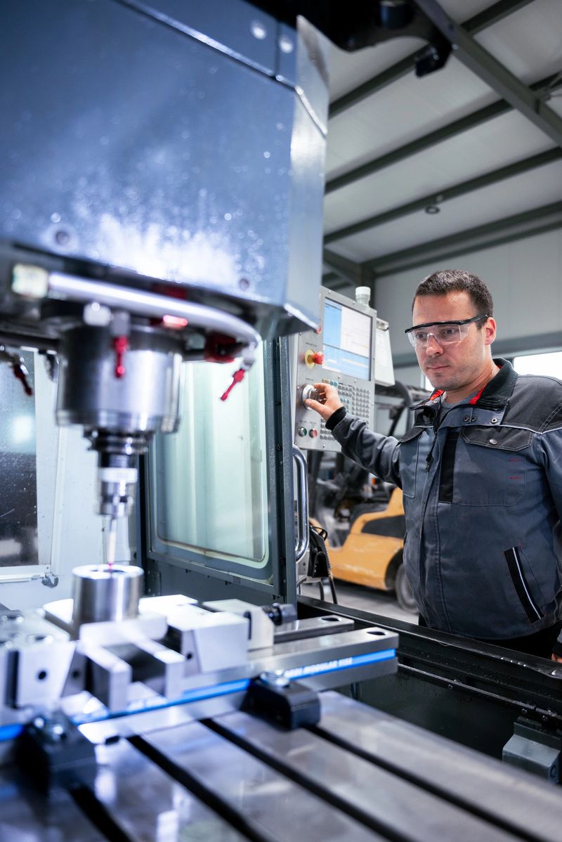 Man operates on a high precision machine. Setting the machine. Making high accuracy measures. Employee is operating a CNC machine. Modern industrial production. Computer aided manufacturing. Computer aided machining