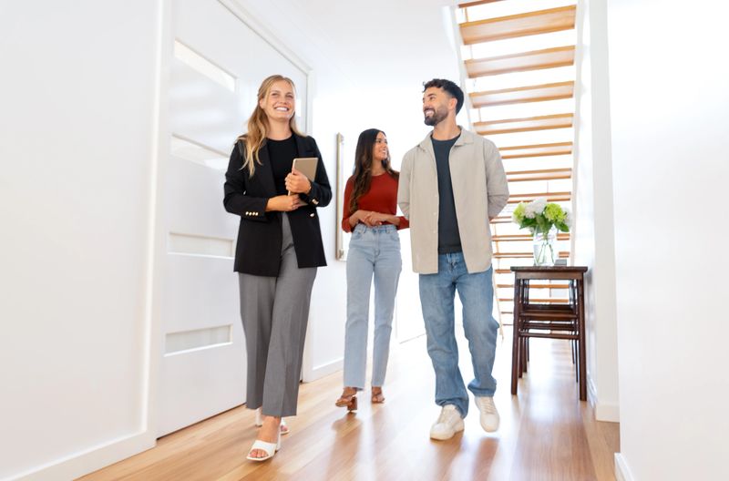 Real estate agent showing a young couple a new house. The house is modern and contemporary. All are happy and smiling. Stairs can be seen in the hallway. The couple are casually dressed and the agent is in a suit. They are walking through the home.