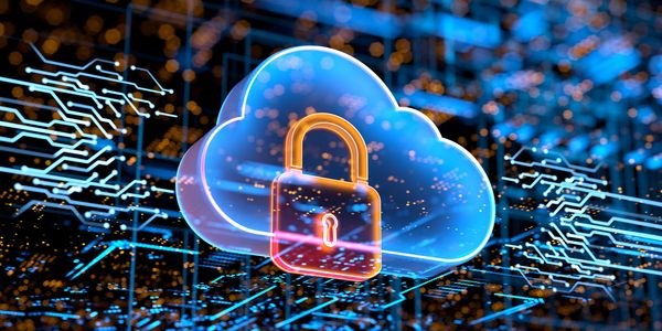 3D digital cloud with a glowing padlock symbolizing secure cloud computing.