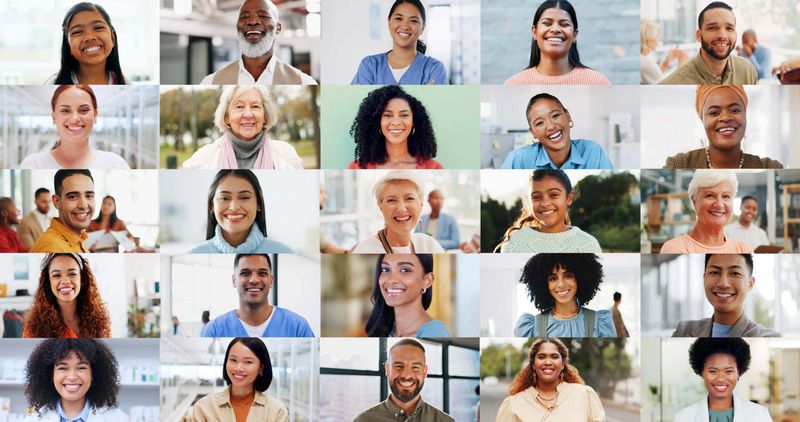 People, diversity and collage with smile, happiness and laugh in city, unity and society. Montage, portrait faces and proud world community members with different backgrounds, multiracial and culture
