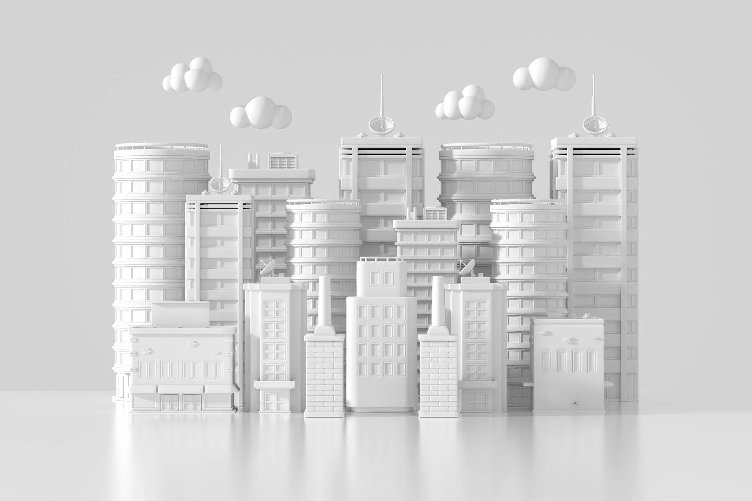 Minimalistic white 3D cityscape with buildings and clouds.