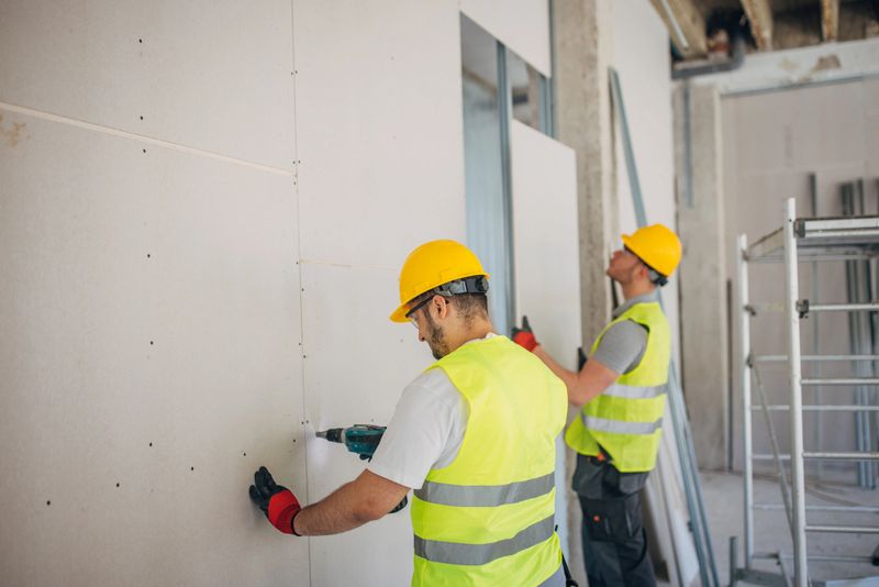 Two construction workers wearing yellow hard hats and high-visibility vests are focused on installing a piece of drywall. The setting suggests an active construction site with unfinished walls and floors, highlighting the process of building interior structures