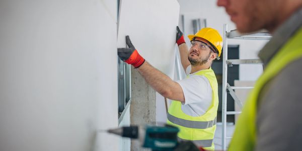 Construction workers installing drywall with safety gear on.