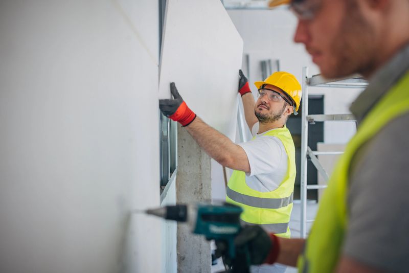 Two construction workers collaborate to efficiently install drywall, with one utilizing an electric screwdriver to secure the panels, showcasing the precision and skill involved in this aspect of building interiors