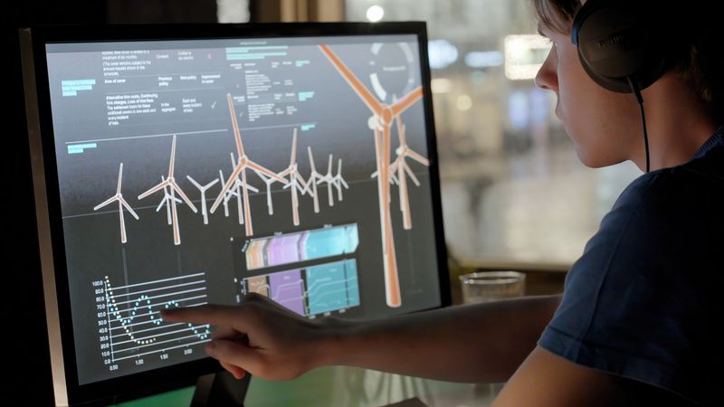 Stock image of a young man, possibly a student, working with a touchscreen computer at night. He’s researching data relating to sustainable energy production, the background is a rain drenched urban scene.