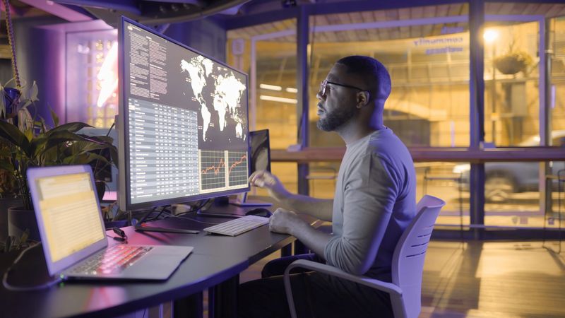 Stock photograph of a man of African ethnicity working late on a big screen.
The screen is displaying global information with data, traffic is seen on the urban street outside.