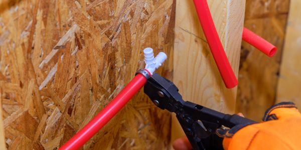 Cutting red plastic pipe with a tool.
