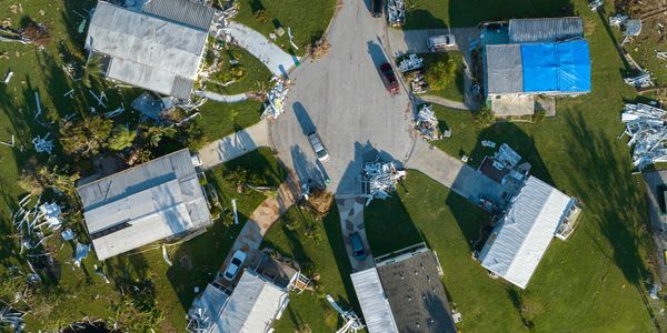 Drone images of a small neighborhood post tornado cleanup