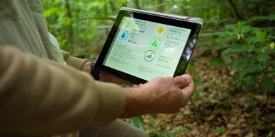 Person holding a tablet showing green data.