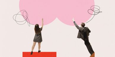 Man and woman reaching toward large pink hearts with doodle lines.