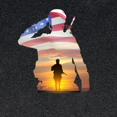 Silhouette of a soldier saluting with American flag and sunset overlay.