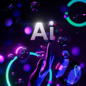 Futuristic hand reaching toward glowing AI text with neon spheres floating around.
