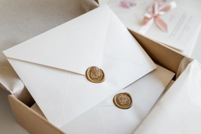 Elegant white envelopes sealed with gold wax stamps in a box.