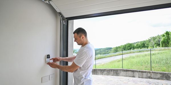 Man operating a wall-mounted security keypad.