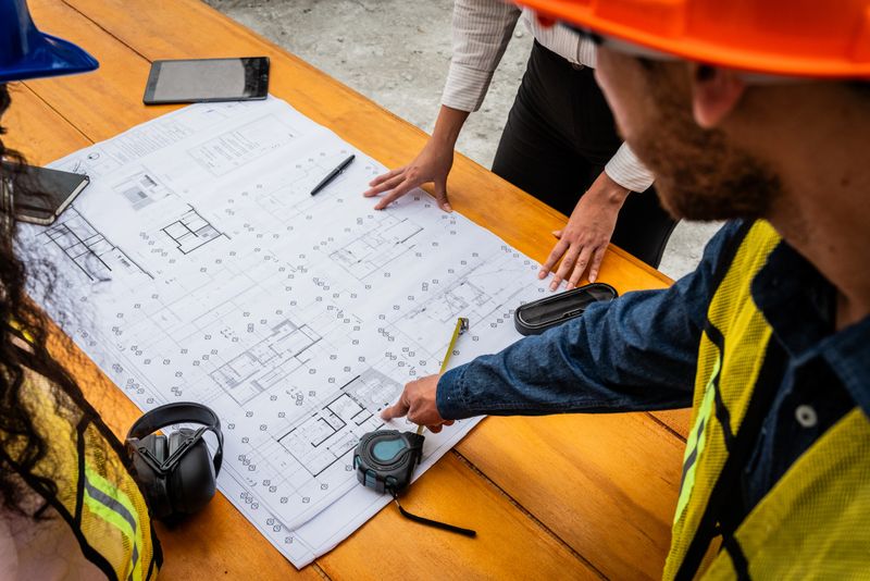 Coworkers talking about for blueprint on construction site