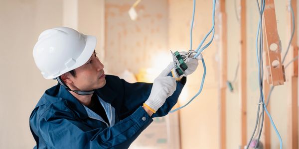 Electrician installing wiring in a building under construction.