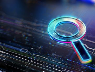 Futuristic magnifying glass on digital circuit board background.