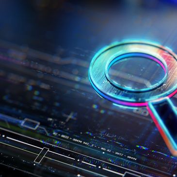 Futuristic magnifying glass on digital circuit board background.