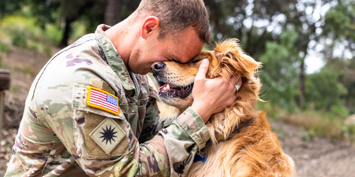 Soldier showing affection to a golden retriever.