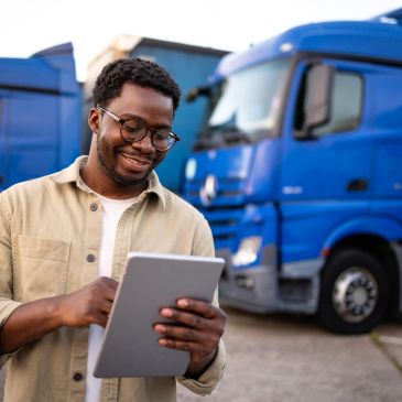 Man using tablet in front of blue trucks outdoors.