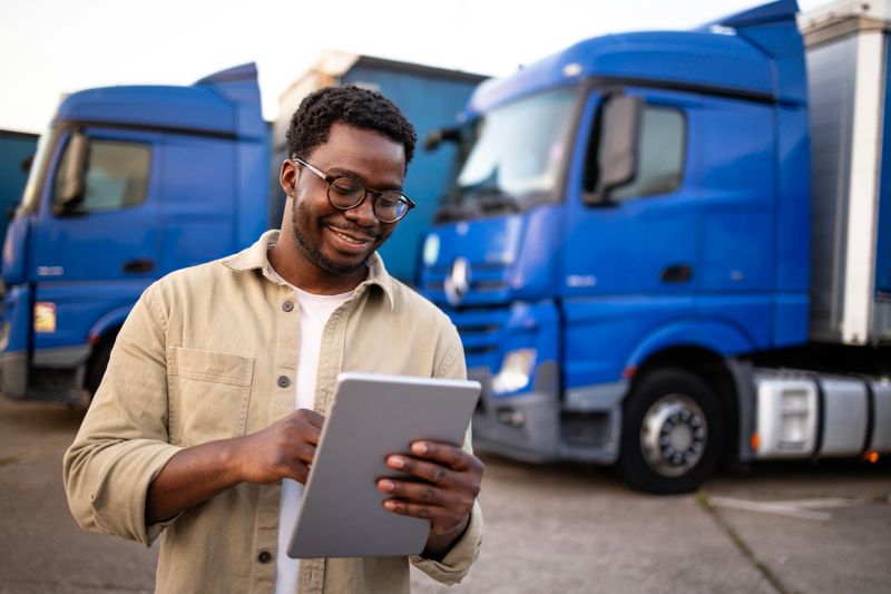 Truck driver holding digital tablet and preparing for the ride.