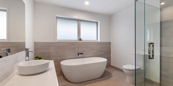 Bathroom with modern freestanding tub