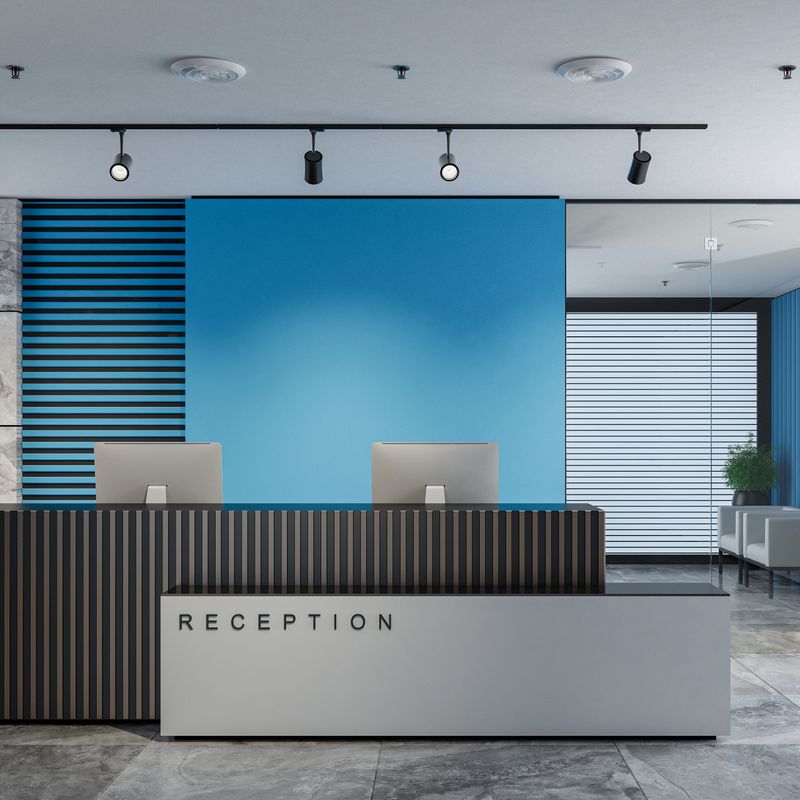Modern office interior reception area with desk and conference board room. Blue and White interior. Glass door. Stone floor tiles. Business interior concept design. Working area. 3d rendering.