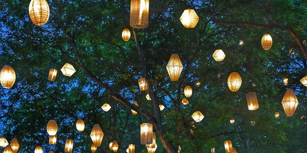 Strings of lanterns lit up in the night