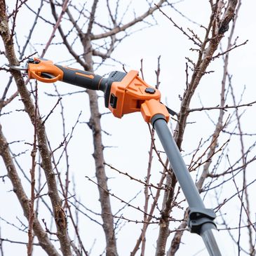 An orange pole saw cutting tree branches on a cloudy day.