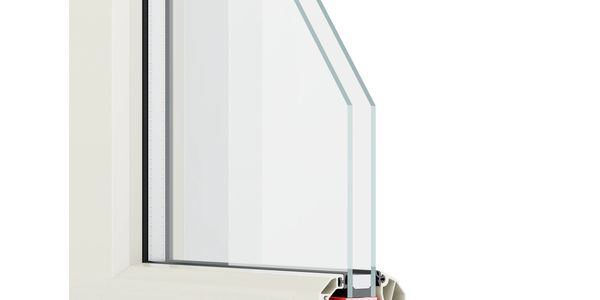 Cross-section of a modern double-glazed window frame with insulation.