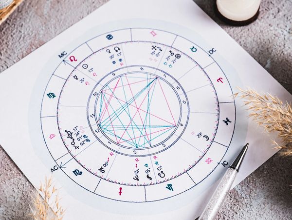 Astrology birth chart on paper surrounded by candles, stones, and a decorative pen.