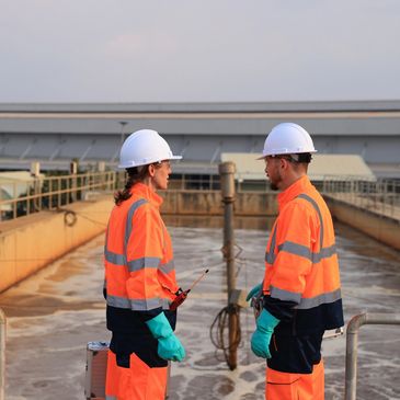 Two workers in orange safety gear inspecting a wastewater treatment facility.