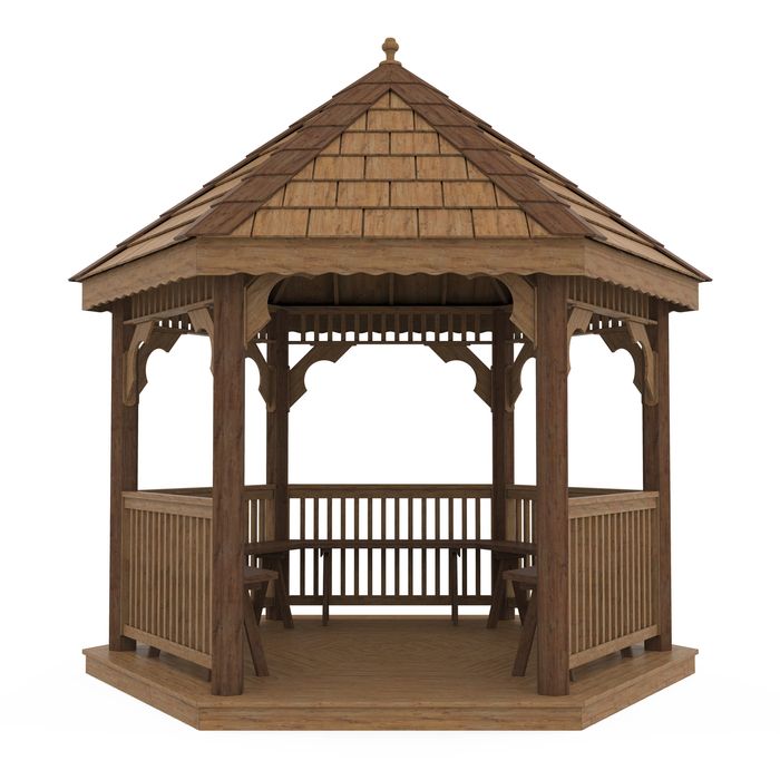 Wooden hexagonal gazebo with shingled roof and built-in benches.