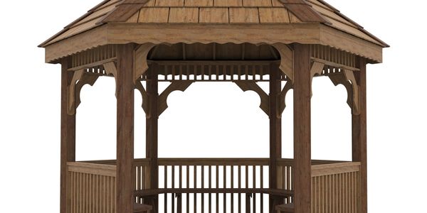 Wooden gazebo with a shingled roof and open sides.