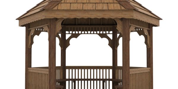 Wooden garden gazebo with shingled roof.