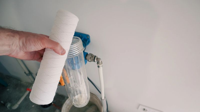 Plumber change water filter. Replacement aqua filter. Technician maintenancing system of water filtration. Home in Line Water Filters Maintenance.