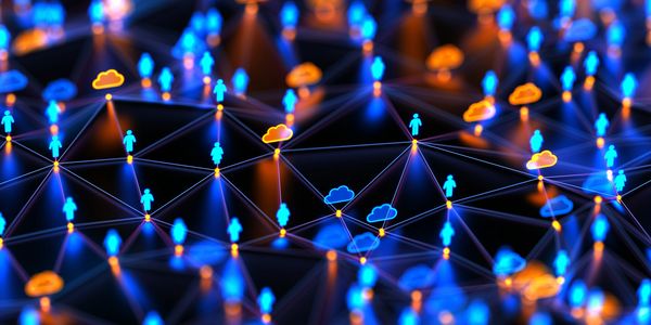 Digital network with glowing human icons and cloud symbols interconnected by lines.
