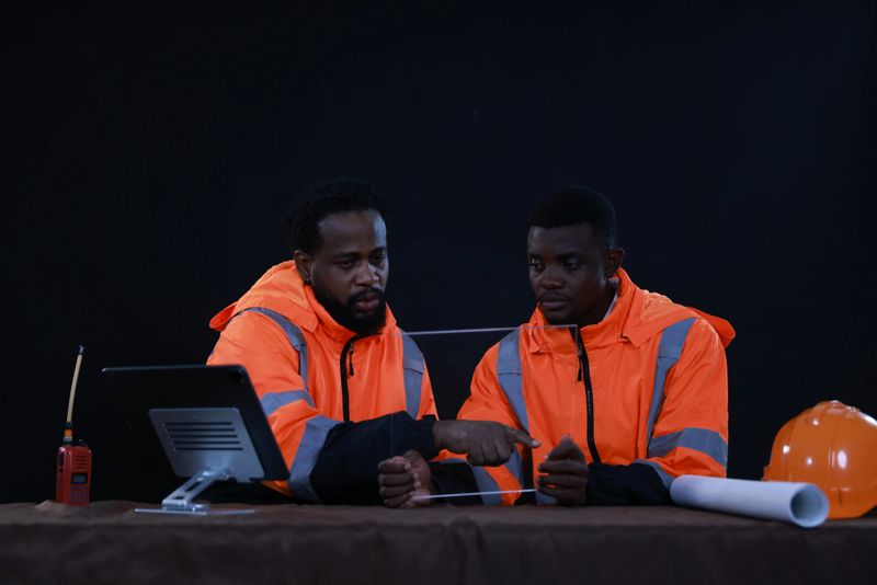 The black males of the project engineer team working on a transparent digital tablet on the table