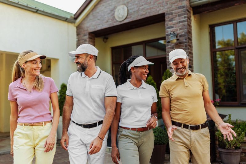 A multiracial group of four friends in golf clothes walking and smiling while happily discussing something.