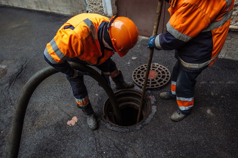 Sewer workers cleaning manhole and unblocking sewers the street sidewalk.