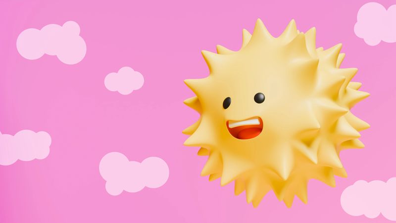 Pink stage with clouds and a smiling sun with black eyes, theme of happiness and sunny day, 3d illustration, vertical image